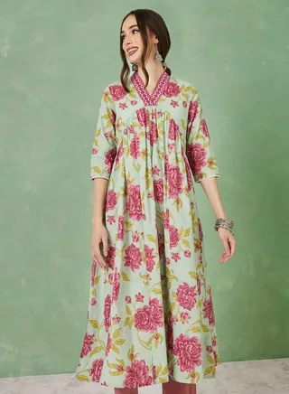 Cotton Floral Print Embroidered V Neck A-Line Kurta