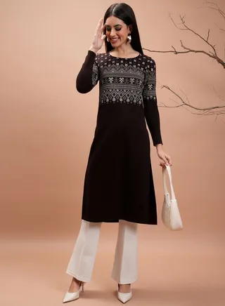 Ribbed Aztec Print Straight Fit Kurta 