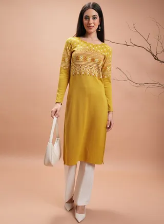 Ribbed Aztec Print Straight Fit Kurta 