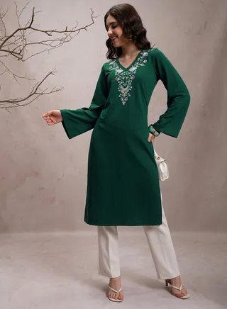 Embroidered V Neck Straight Fit Kurta 