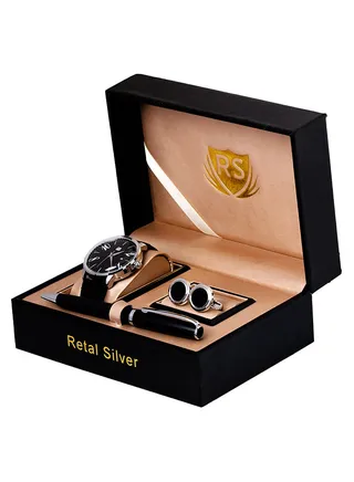 Men's Leather Analog Watch Set 2007669 