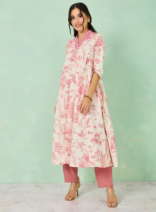 Cotton Floral Print Embroidered Neck A-Line Kurta 