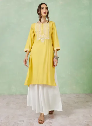 Cotton Mirror Embroidered Straight Kurta with Pocket Detail 