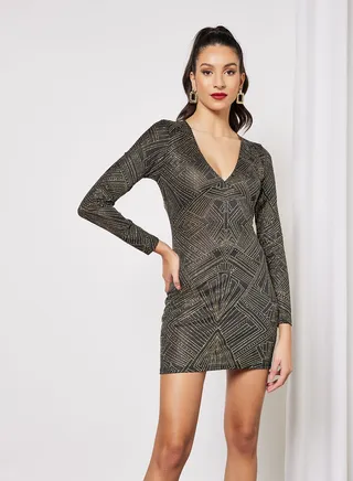 Pattern Print Bodycon Dress Black 