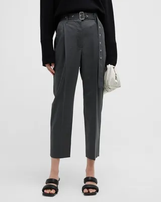 Belted Straight-Leg Crop Suiting Carrot Pants
