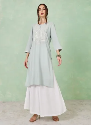 Cotton Mirror Embroidered Straight Fit Kurta 