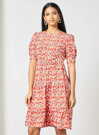 Women's Casual Round Neck Floral Print Half Sleeve Maxi Dress 1-Redprt/White/Blue 