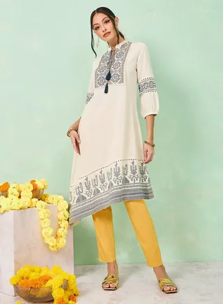 Asymmetric Hem Cotton Embroidered Kurta 