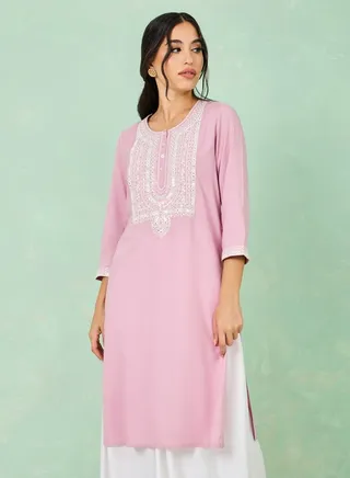 Cotton Mirror Embroidered Straight Fit Kurta 