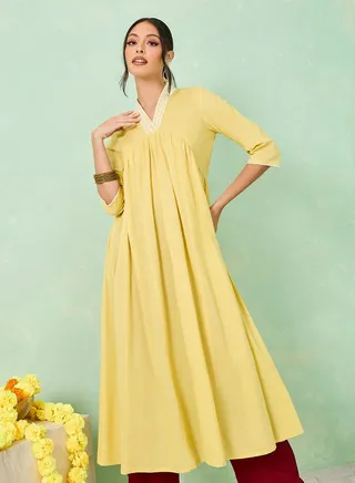 Cotton Embroidered V Neck A-Line Kurta with Pocket Detail 