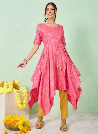 Foil Printed Asymmetric Hem Kurta 