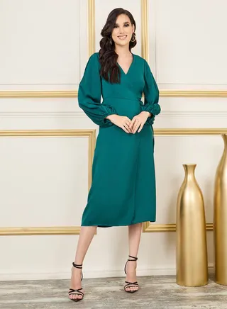 Satin Slit Sleeves V Neck Wrap Midi Dress 