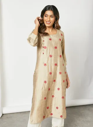 All Over Contrast Handwork Kurta Beige 