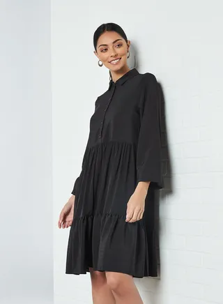 Long Sleeve Tiered Dress Black 