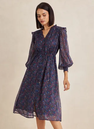 Lurex Floral Print Button Down Midi Dress 