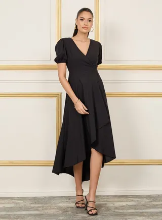 Solid Puff Sleeves Asymmetric Hem Wrap Midi Dress 