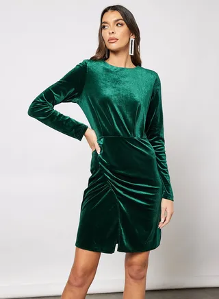Plain Sleeve Side Punched Velvet Dress Bottle Green 