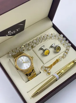 Laforea watch set for men consisting of 4 pieces, a watch, a rosary, a pen and a set of buttons 