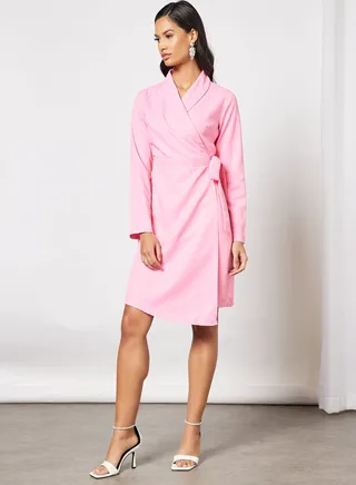 Wrap Front Ruched Detail  Casual Dress Light Pink 