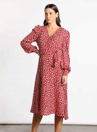 Women's Casual V-Neck Floral Print Long Sleeve Maxi Dress 1-Redprint/White 