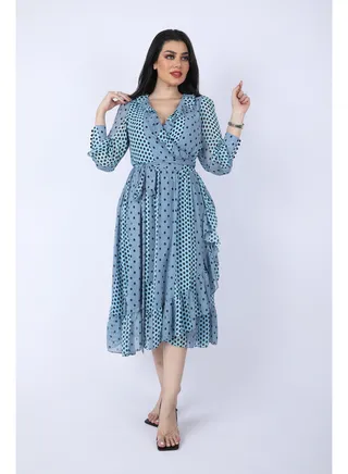 Dot chiffon midi wrap dress with long sleeves and a belt on waist, Cyan 