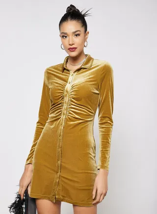 Velvet Button-Up Dress Olive 