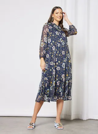 Floral Print Midi Dress Navy 