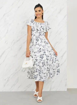 Floral Print Ruffle Layer Midi Dress 