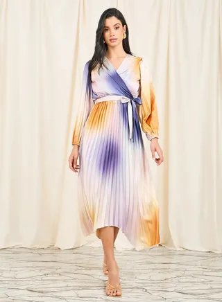 Satin Tie and Dye Print Pleated A-Line Midi Dress with Self Tie Up 