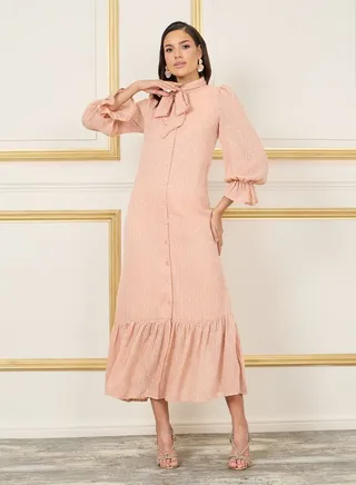 Texture Self Tie Up Neck Ruffle Hem Shirt Midi Dress 