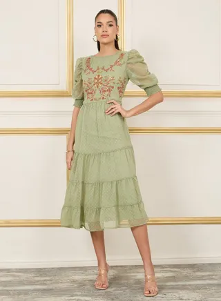 Dobby Embroidered Ruched Detail Sleeves Tiered Midi Dress