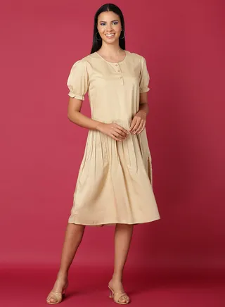 Casual Knee Length Dress Beige 
