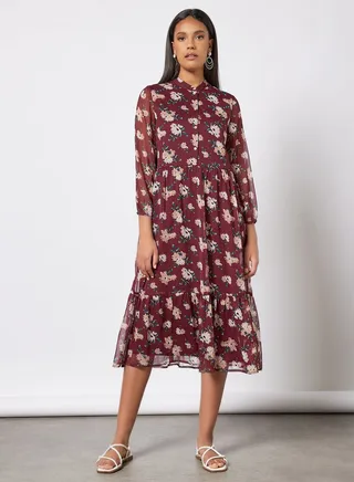 Floral Print Tiered Dress Brown 
