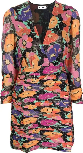 Golden floral-print ruched minidress
