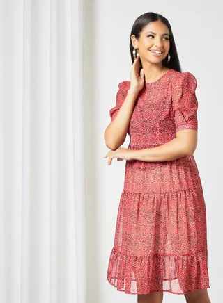 Women's Casual Round Neck Floral Print Half Sleeve Maxi Dress 2-Redprt/White/Black 