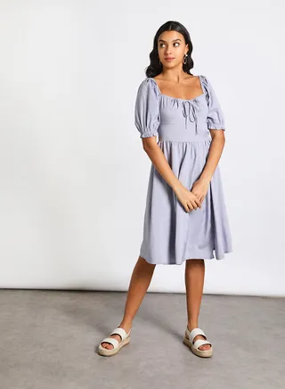 Casual Half Sleeve Midi Woven Dress With Front Tie Purple 