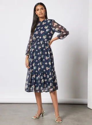 Floral Print Tiered Dress Navy 