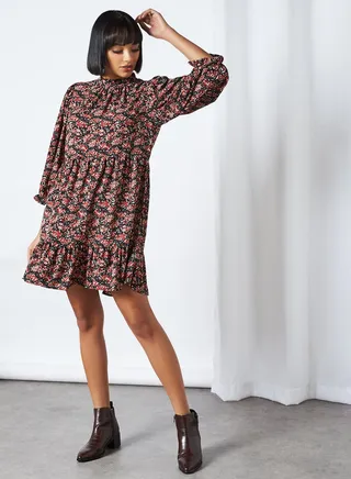 Larry Smock Floral Print Dress Black 