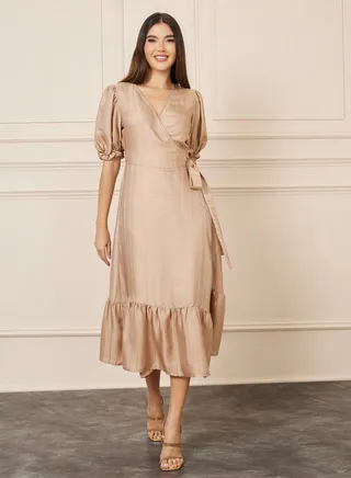 Lurex Striped Ruffle Hem Wrap Midi Dress 