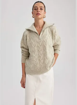 Woman Oversize Fit Zip Up Long Sleeve Tricot Pullover