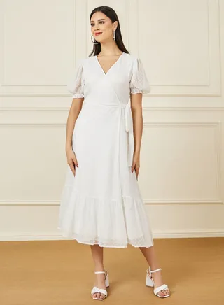 Dobby Sheer Puff Sleeves Wrap Midi Dress 
