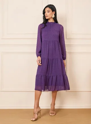 Dobby High Neck Long Sleeves Tiered Midi Dress 