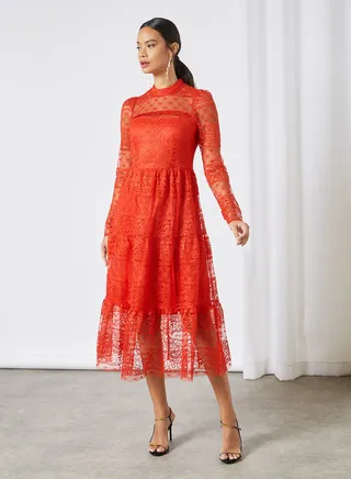 High Neck Lace Dress Goji Berry 