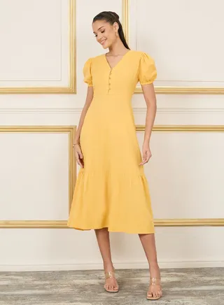 Button Detail Puff Sleeves A-Line Midi Dress 