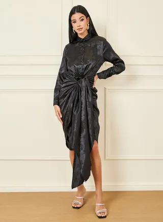 Satin Jacquard Print Tie Up Detail Shirt Midi Dress 
