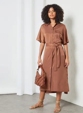 Midi Shirt Dress Brown 