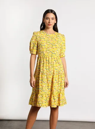 Women's Casual Round Neck Floral Print Half Sleeve Maxi Dress 3-Yellowprt/White/Black 