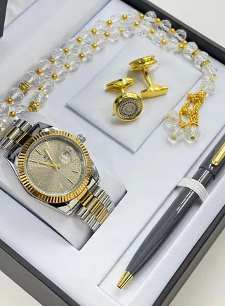 Gift Set Men's Watch Set of 4 Pieces Watch with Pen Set of Buttons 