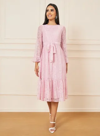 All Over Lace Self Tie Up A-Line Midi Dress 