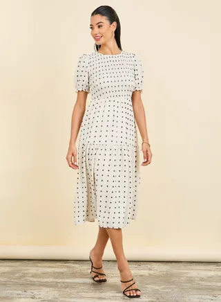 Swiss Dobby Smocked Detail A-Line Midi Dress 